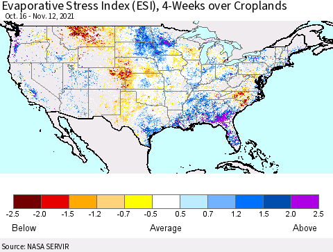 United States Evaporative Stress Index (ESI), 4-Weeks over Croplands Thematic Map For 11/8/2021 - 11/14/2021