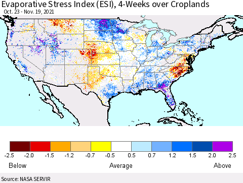 United States Evaporative Stress Index (ESI), 4-Weeks over Croplands Thematic Map For 11/15/2021 - 11/21/2021