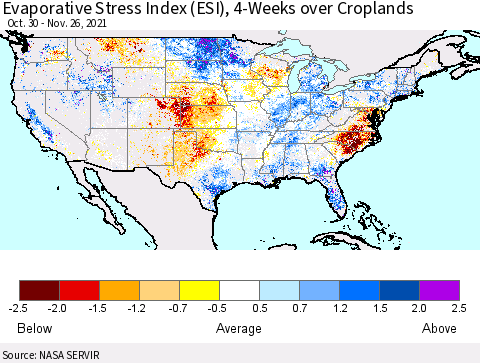 United States Evaporative Stress Index (ESI), 4-Weeks over Croplands Thematic Map For 11/22/2021 - 11/28/2021