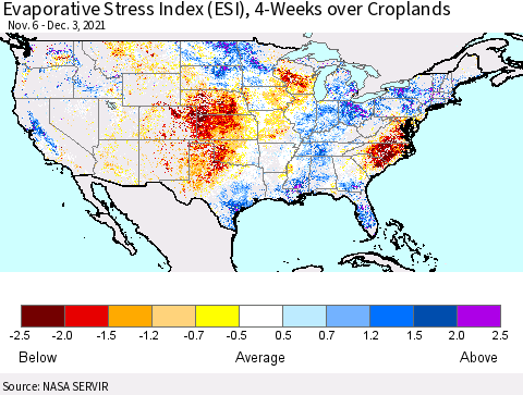 United States Evaporative Stress Index (ESI), 4-Weeks over Croplands Thematic Map For 11/29/2021 - 12/5/2021