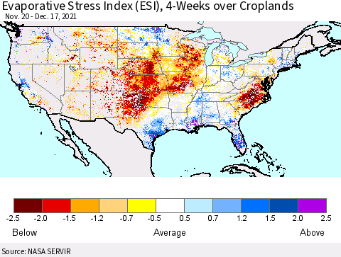 United States Evaporative Stress Index (ESI), 4-Weeks over Croplands Thematic Map For 12/13/2021 - 12/19/2021