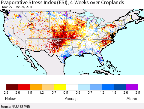 United States Evaporative Stress Index (ESI), 4-Weeks over Croplands Thematic Map For 12/20/2021 - 12/26/2021