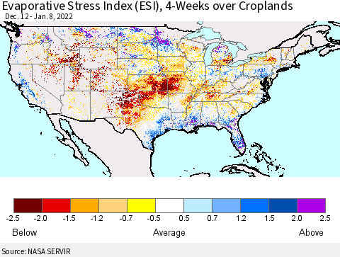 United States Evaporative Stress Index (ESI), 4-Weeks over Croplands Thematic Map For 1/3/2022 - 1/9/2022