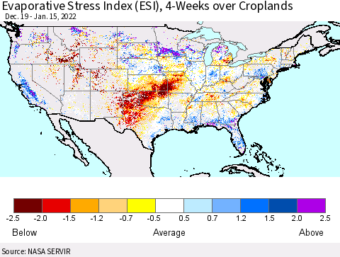 United States Evaporative Stress Index (ESI), 4-Weeks over Croplands Thematic Map For 1/10/2022 - 1/16/2022
