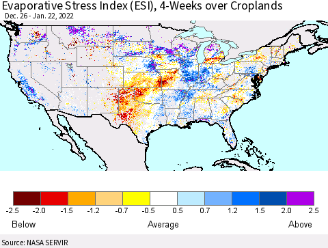 United States Evaporative Stress Index (ESI), 4-Weeks over Croplands Thematic Map For 1/17/2022 - 1/23/2022