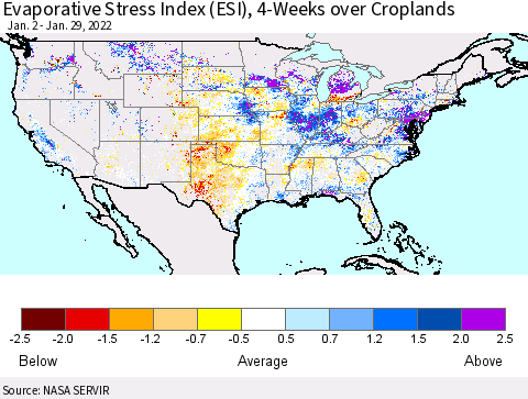 United States Evaporative Stress Index (ESI), 4-Weeks over Croplands Thematic Map For 1/24/2022 - 1/30/2022