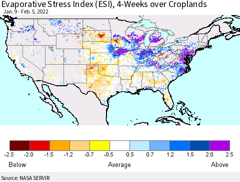 United States Evaporative Stress Index (ESI), 4-Weeks over Croplands Thematic Map For 1/31/2022 - 2/6/2022
