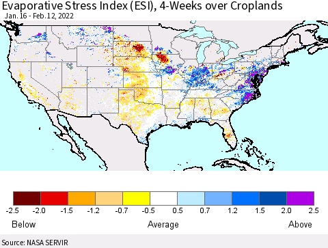 United States Evaporative Stress Index (ESI), 4-Weeks over Croplands Thematic Map For 2/7/2022 - 2/13/2022