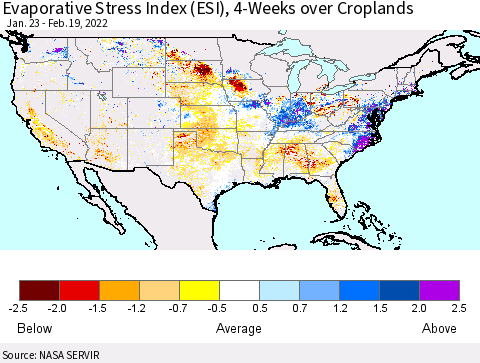 United States Evaporative Stress Index (ESI), 4-Weeks over Croplands Thematic Map For 2/14/2022 - 2/20/2022