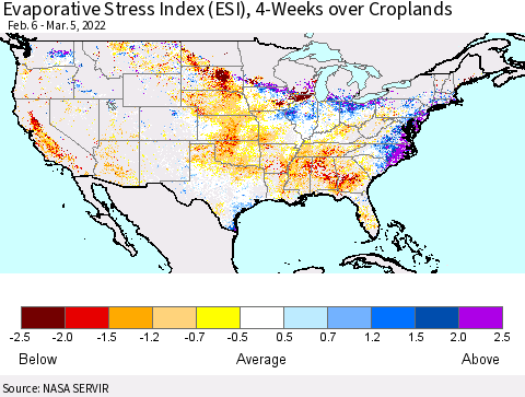 United States Evaporative Stress Index (ESI), 4-Weeks over Croplands Thematic Map For 2/28/2022 - 3/6/2022