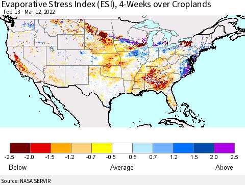 United States Evaporative Stress Index (ESI), 4-Weeks over Croplands Thematic Map For 3/7/2022 - 3/13/2022