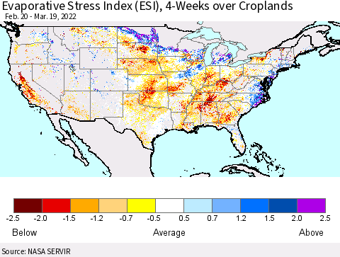 United States Evaporative Stress Index (ESI), 4-Weeks over Croplands Thematic Map For 3/14/2022 - 3/20/2022