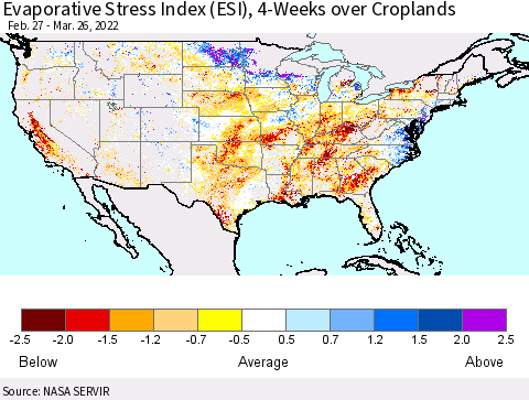 United States Evaporative Stress Index (ESI), 4-Weeks over Croplands Thematic Map For 3/21/2022 - 3/27/2022