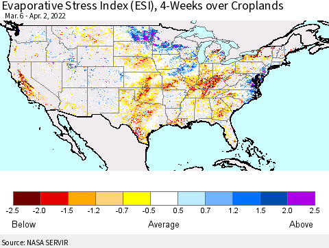 United States Evaporative Stress Index (ESI), 4-Weeks over Croplands Thematic Map For 3/28/2022 - 4/3/2022