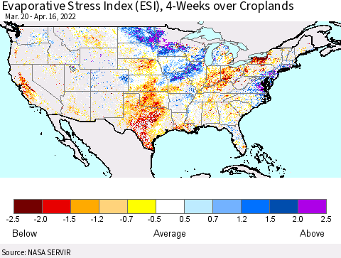 United States Evaporative Stress Index (ESI), 4-Weeks over Croplands Thematic Map For 4/11/2022 - 4/17/2022