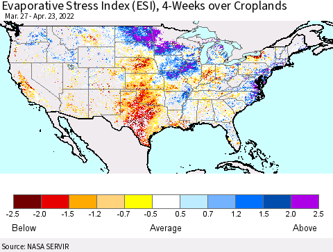 United States Evaporative Stress Index (ESI), 4-Weeks over Croplands Thematic Map For 4/18/2022 - 4/24/2022