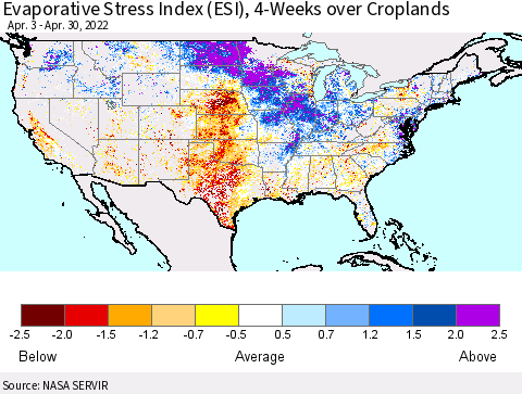 United States Evaporative Stress Index (ESI), 4-Weeks over Croplands Thematic Map For 4/25/2022 - 5/1/2022