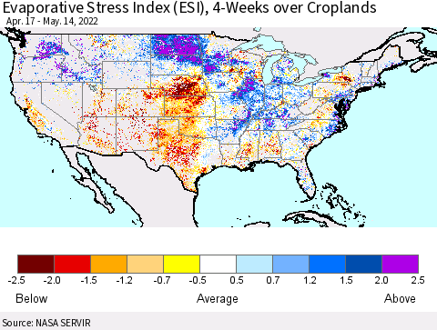 United States Evaporative Stress Index (ESI), 4-Weeks over Croplands Thematic Map For 5/9/2022 - 5/15/2022