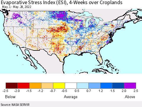 United States Evaporative Stress Index (ESI), 4-Weeks over Croplands Thematic Map For 5/23/2022 - 5/29/2022