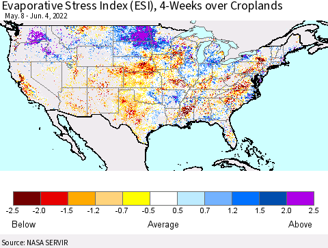 United States Evaporative Stress Index (ESI), 4-Weeks over Croplands Thematic Map For 5/30/2022 - 6/5/2022