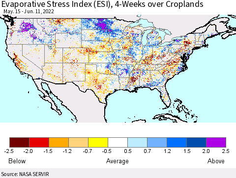 United States Evaporative Stress Index (ESI), 4-Weeks over Croplands Thematic Map For 6/6/2022 - 6/12/2022