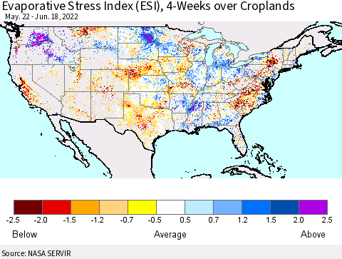 United States Evaporative Stress Index (ESI), 4-Weeks over Croplands Thematic Map For 6/13/2022 - 6/19/2022