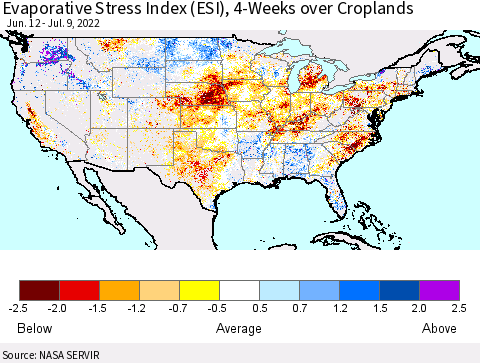 United States Evaporative Stress Index (ESI), 4-Weeks over Croplands Thematic Map For 7/4/2022 - 7/10/2022