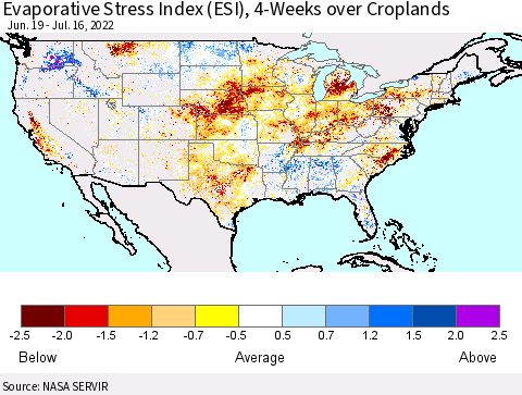 United States Evaporative Stress Index (ESI), 4-Weeks over Croplands Thematic Map For 7/11/2022 - 7/17/2022