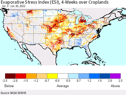 United States Evaporative Stress Index (ESI), 4-Weeks over Croplands Thematic Map For 7/25/2022 - 7/31/2022