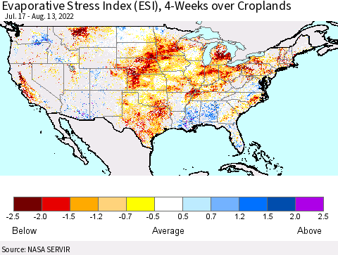 United States Evaporative Stress Index (ESI), 4-Weeks over Croplands Thematic Map For 8/8/2022 - 8/14/2022