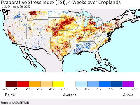 United States Evaporative Stress Index (ESI), 4-Weeks over Croplands Thematic Map For 8/15/2022 - 8/21/2022