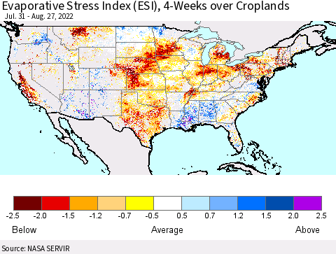 United States Evaporative Stress Index (ESI), 4-Weeks over Croplands Thematic Map For 8/22/2022 - 8/28/2022