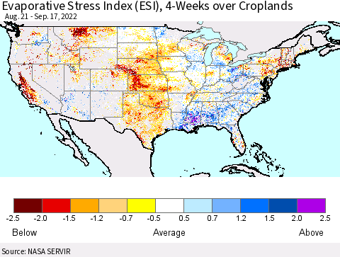 United States Evaporative Stress Index (ESI), 4-Weeks over Croplands Thematic Map For 9/12/2022 - 9/18/2022