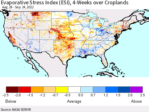 United States Evaporative Stress Index (ESI), 4-Weeks over Croplands Thematic Map For 9/19/2022 - 9/25/2022