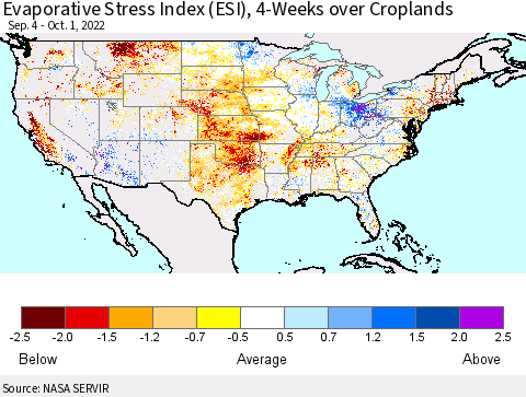 United States Evaporative Stress Index (ESI), 4-Weeks over Croplands Thematic Map For 9/26/2022 - 10/2/2022