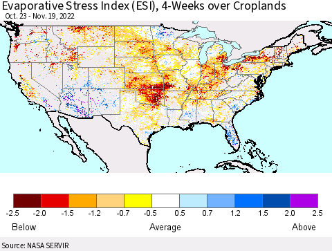 United States Evaporative Stress Index (ESI), 4-Weeks over Croplands Thematic Map For 11/14/2022 - 11/20/2022