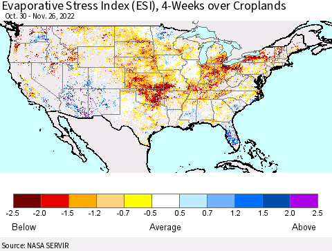 United States Evaporative Stress Index (ESI), 4-Weeks over Croplands Thematic Map For 11/21/2022 - 11/27/2022