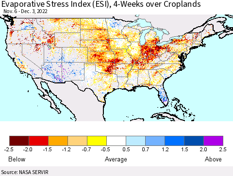 United States Evaporative Stress Index (ESI), 4-Weeks over Croplands Thematic Map For 11/28/2022 - 12/4/2022