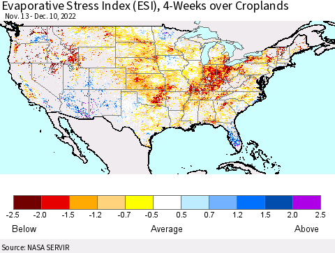 United States Evaporative Stress Index (ESI), 4-Weeks over Croplands Thematic Map For 12/5/2022 - 12/11/2022