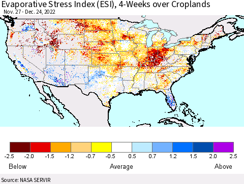 United States Evaporative Stress Index (ESI), 4-Weeks over Croplands Thematic Map For 12/19/2022 - 12/25/2022