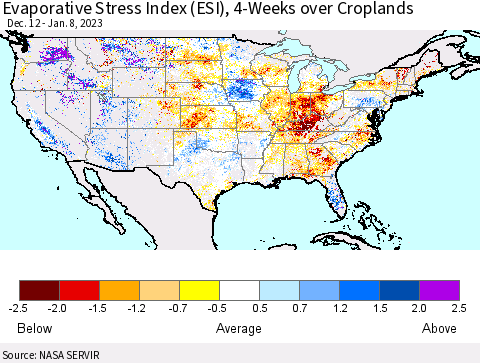 United States Evaporative Stress Index (ESI), 4-Weeks over Croplands Thematic Map For 1/2/2023 - 1/8/2023