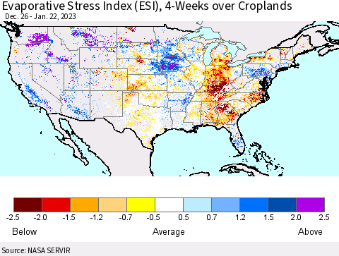 United States Evaporative Stress Index (ESI), 4-Weeks over Croplands Thematic Map For 1/16/2023 - 1/22/2023
