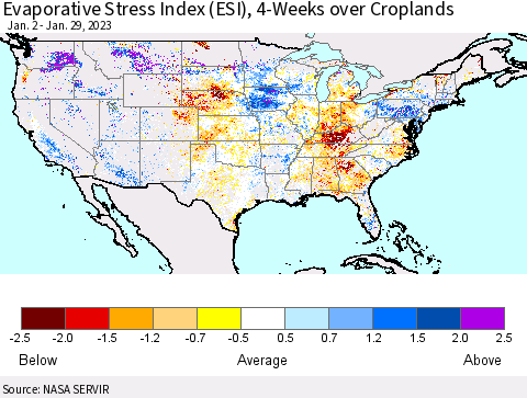 United States Evaporative Stress Index (ESI), 4-Weeks over Croplands Thematic Map For 1/23/2023 - 1/29/2023
