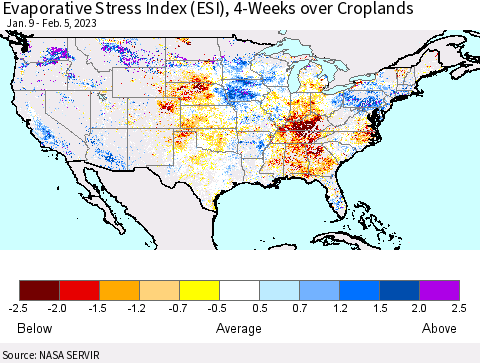 United States Evaporative Stress Index (ESI), 4-Weeks over Croplands Thematic Map For 1/30/2023 - 2/5/2023
