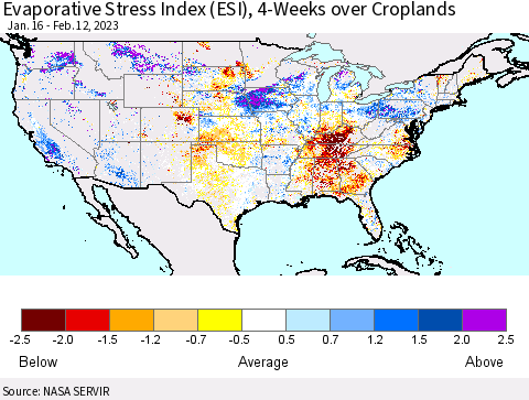 United States Evaporative Stress Index (ESI), 4-Weeks over Croplands Thematic Map For 2/6/2023 - 2/12/2023