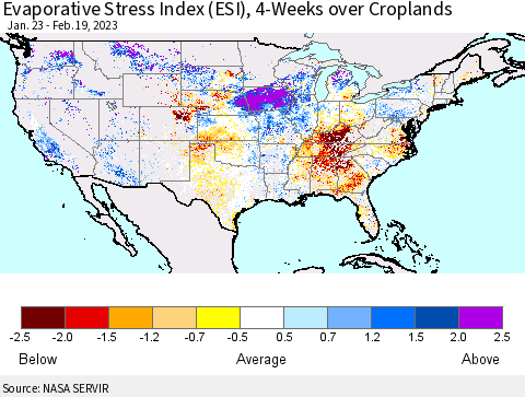 United States Evaporative Stress Index (ESI), 4-Weeks over Croplands Thematic Map For 2/13/2023 - 2/19/2023