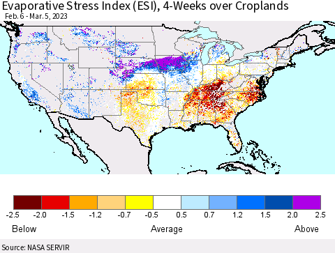 United States Evaporative Stress Index (ESI), 4-Weeks over Croplands Thematic Map For 2/27/2023 - 3/5/2023