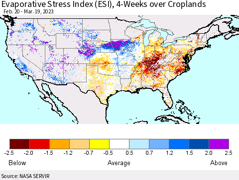 United States Evaporative Stress Index (ESI), 4-Weeks over Croplands Thematic Map For 3/13/2023 - 3/19/2023