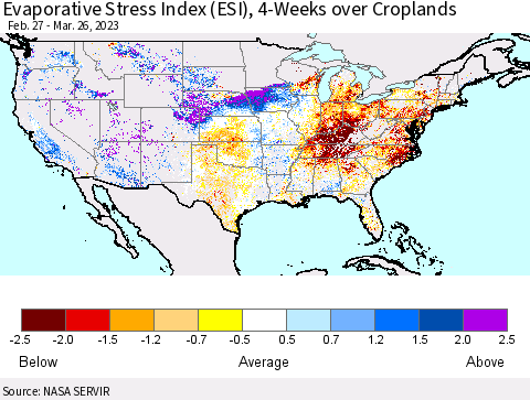 United States Evaporative Stress Index (ESI), 4-Weeks over Croplands Thematic Map For 3/20/2023 - 3/26/2023