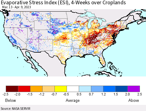 United States Evaporative Stress Index (ESI), 4-Weeks over Croplands Thematic Map For 4/3/2023 - 4/9/2023